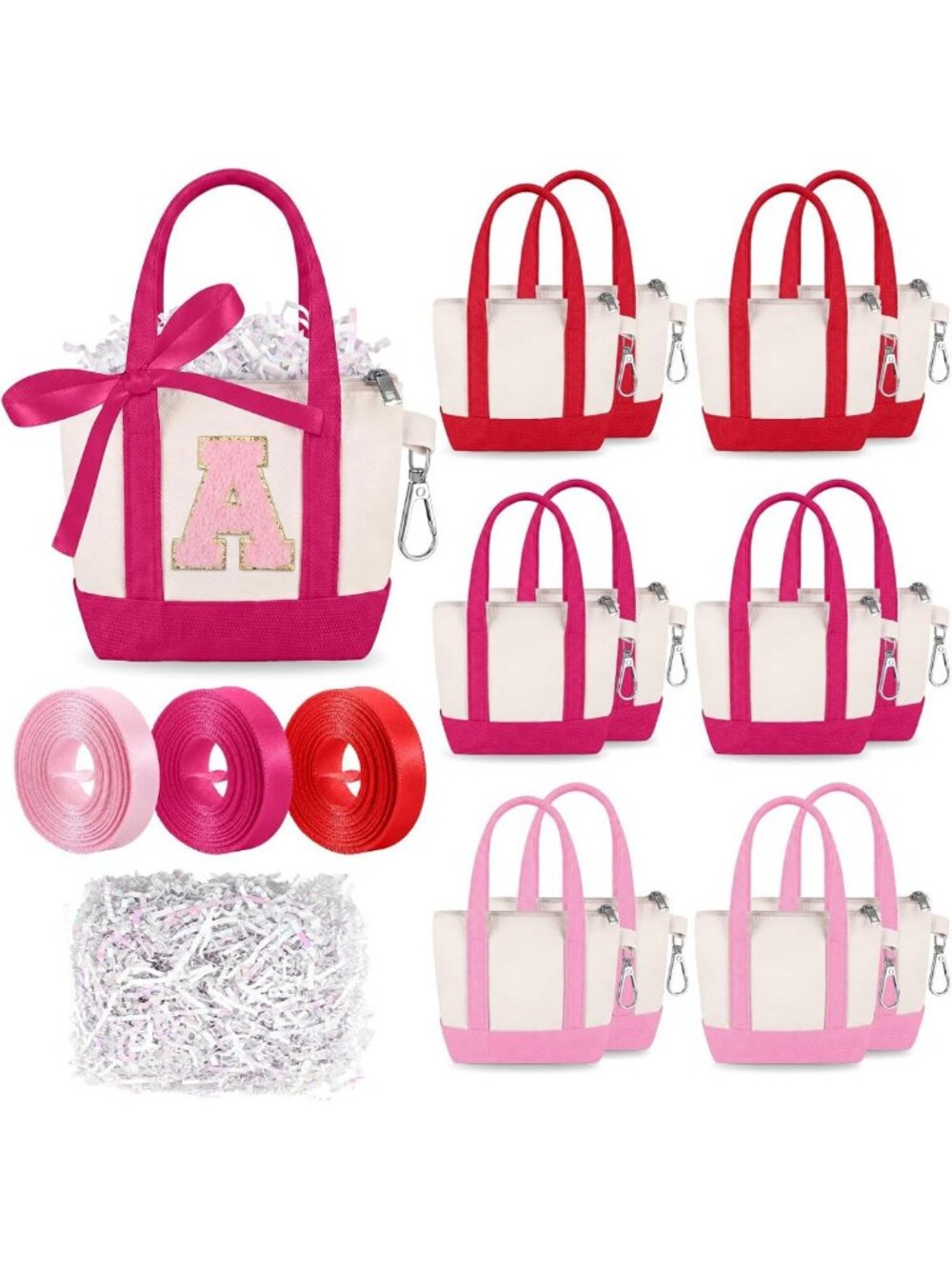 12 Pcs Mini Canvas Tote Bags Set - Red & Pink with Alphabet Stickers for DIY Fun